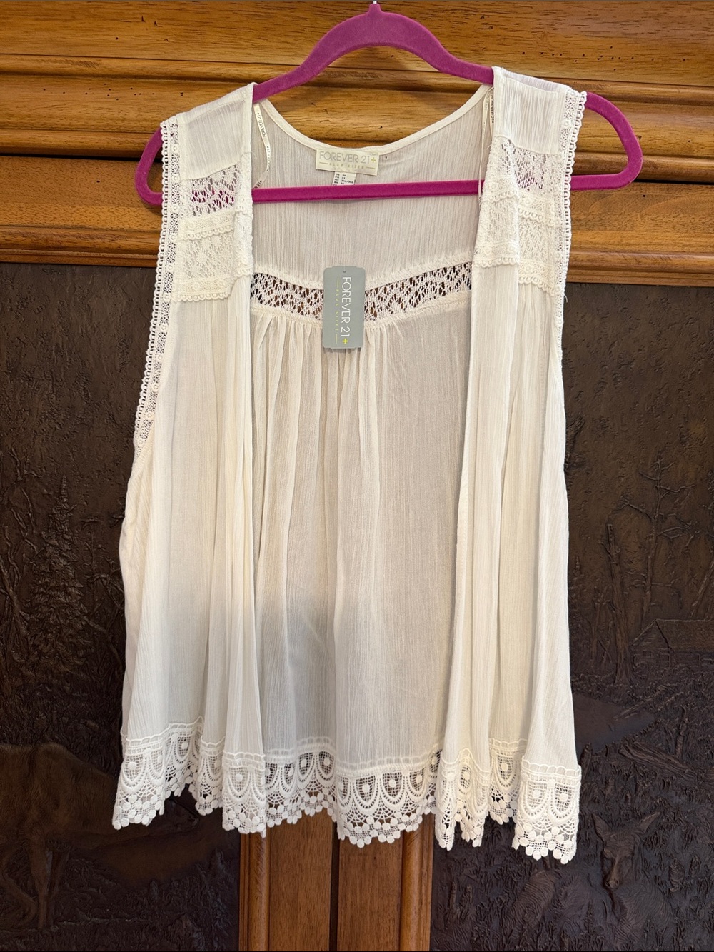 Forever 21 Cream Lace-Trim Sleeveless Peasant Top